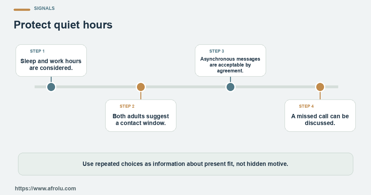 Four observable checks for a Kenyan diaspora adult building a low-pressure long-distance dating rhythm across time zones: clear details, mutual planning, respectful changes and room to choose.