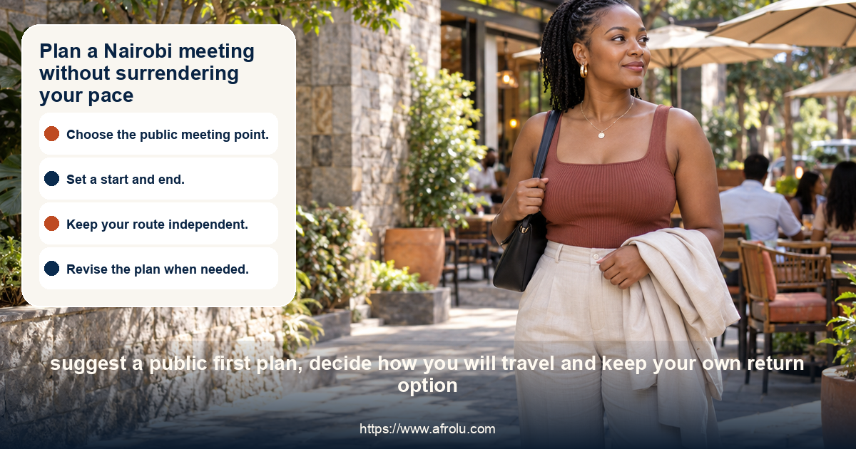 An adult Kenyan diaspora visitor pauses outside a neutral Nairobi café courtyard to consider a daytime meeting point she has chosen.