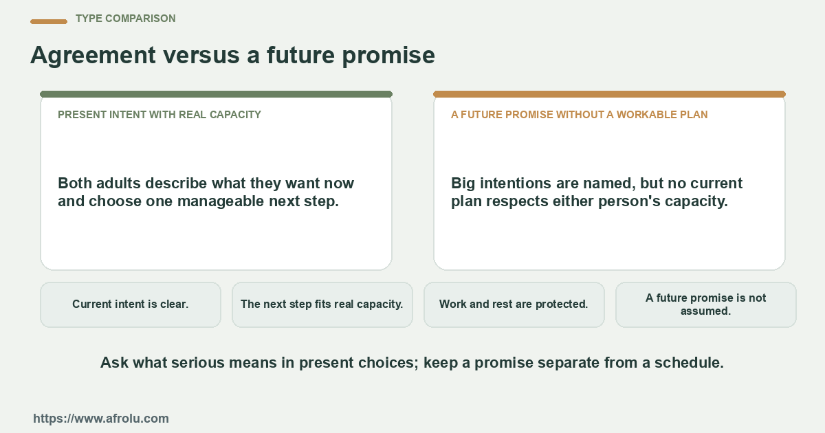 Comparison between present intent with real capacity and a future promise without a workable plan using four practical checks.