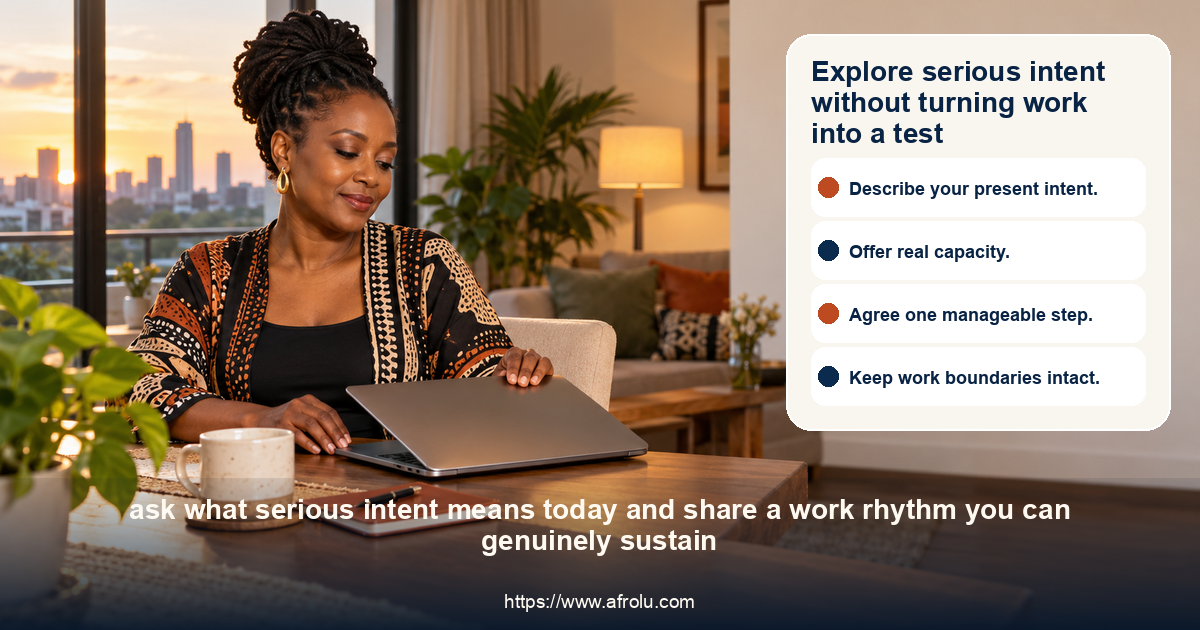 An adult Kenyan diaspora professional closes her work laptop and turns toward a quiet chair, making a bounded moment for a dating conversation.