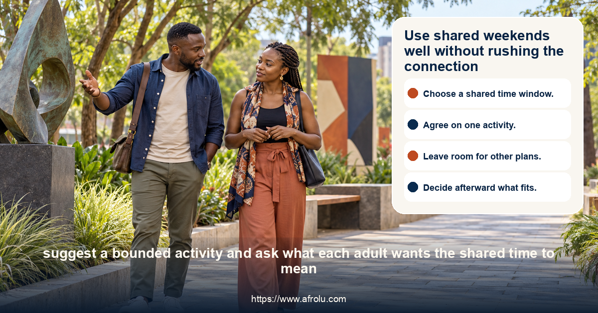 Two adult Kenyan diaspora daters walk along a leafy Nairobi public arts walkway, enjoying a short weekend plan with comfortable space and independent choice.
