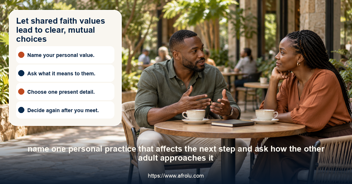 Two clearly adult Black Kenyan people talk across a small café table in Nairobi, listening thoughtfully with comfortable space between them.