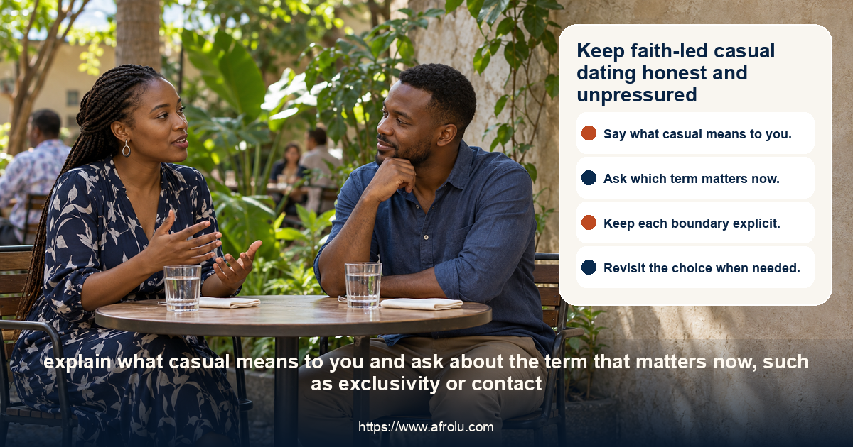 Two clearly adult Black Kenyan people share a relaxed daytime conversation at a quiet outdoor café, with open posture and personal space.