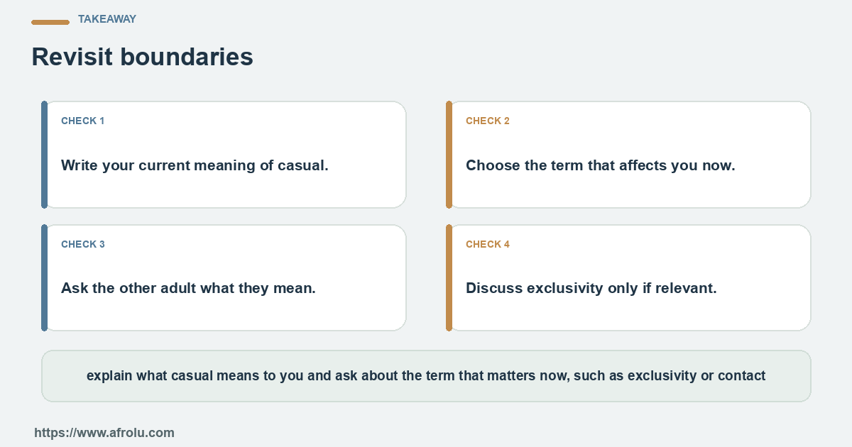 Four practical choices for a faith-led adult exploring casual dating while keeping consent, intent and personal boundaries clear: name the question, set a limit, notice the answer and choose again.