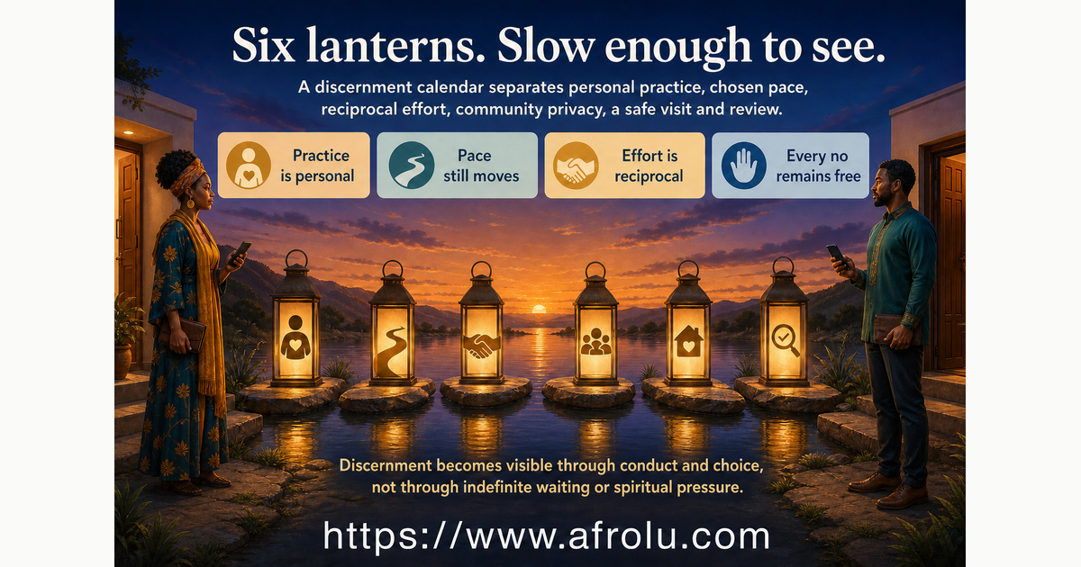 Fictional adults Noura age 35 and Dawit age 39 using six lanterns for practice pace effort privacy visit and review in faith-led distance dating