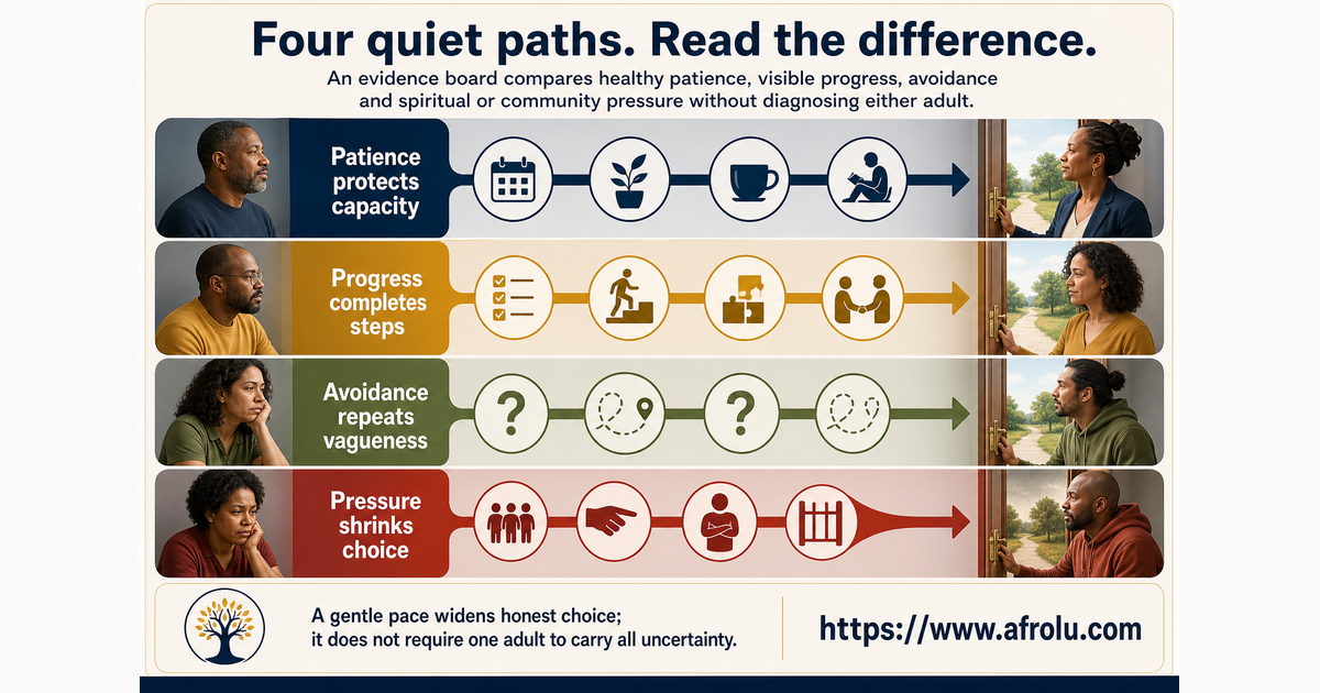 Four-path board distinguishing healthy patience visible progress avoidance and spiritual pressure in faith-led long-distance dating