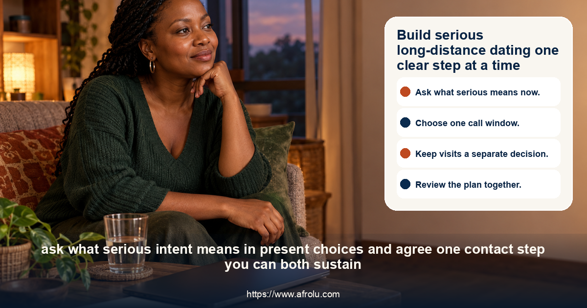 A clearly adult Black Kenyan woman in a quiet home prepares for a planned long-distance conversation, with a closed laptop and blank notebook nearby.