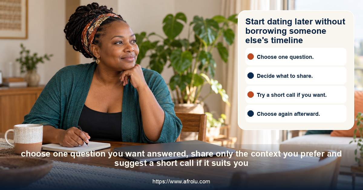 A clearly adult Black Kenyan woman in her early forties considers a short long-distance call at home, with a closed laptop and blank journal on the table.