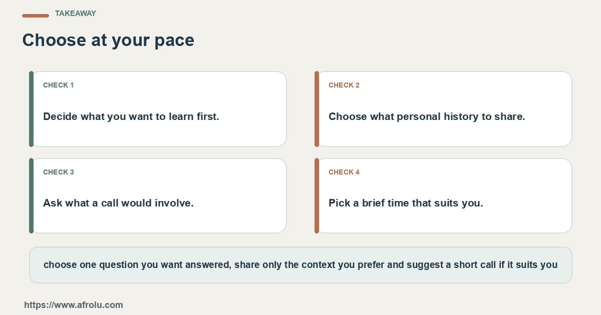Four practical choices for an adult beginning or returning to dating later and learning what pace feels right across distance: name the question, set a limit, notice the answer and choose again.