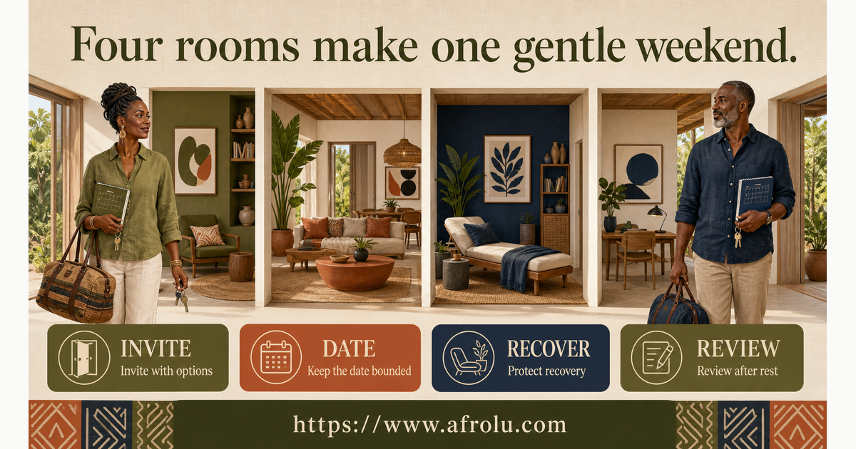 Fictional adults Ines and Daniel walking through four rooms for invitation date recovery and review in later-life slow dating