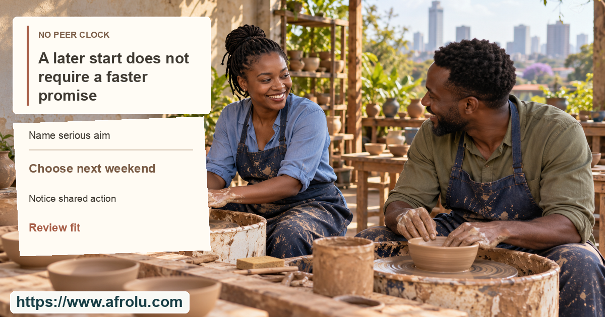 Two unmistakably adult people work at separate pottery wheels in an open-air weekend workshop, turning toward each other in conversation.