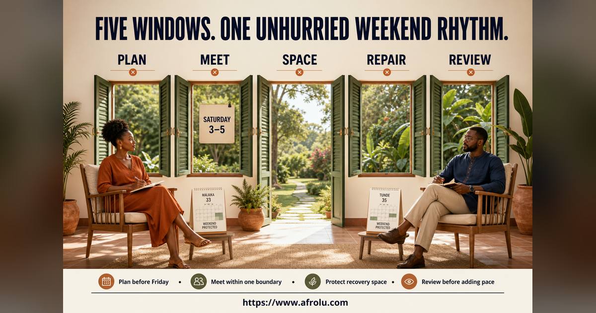 Malaika and Tunde choosing five clear windows for a slow weekend dating restart