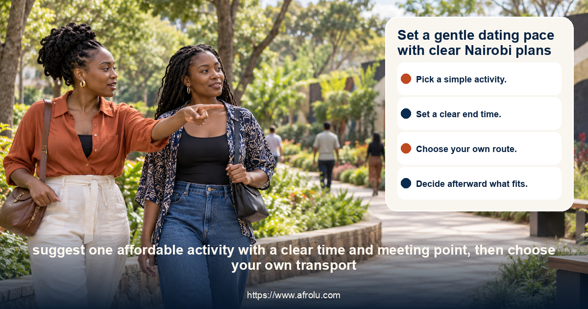 Two adult Kenyan women friends walk along an open Nairobi garden promenade, discussing a simple daytime plan beside public art and native plants.