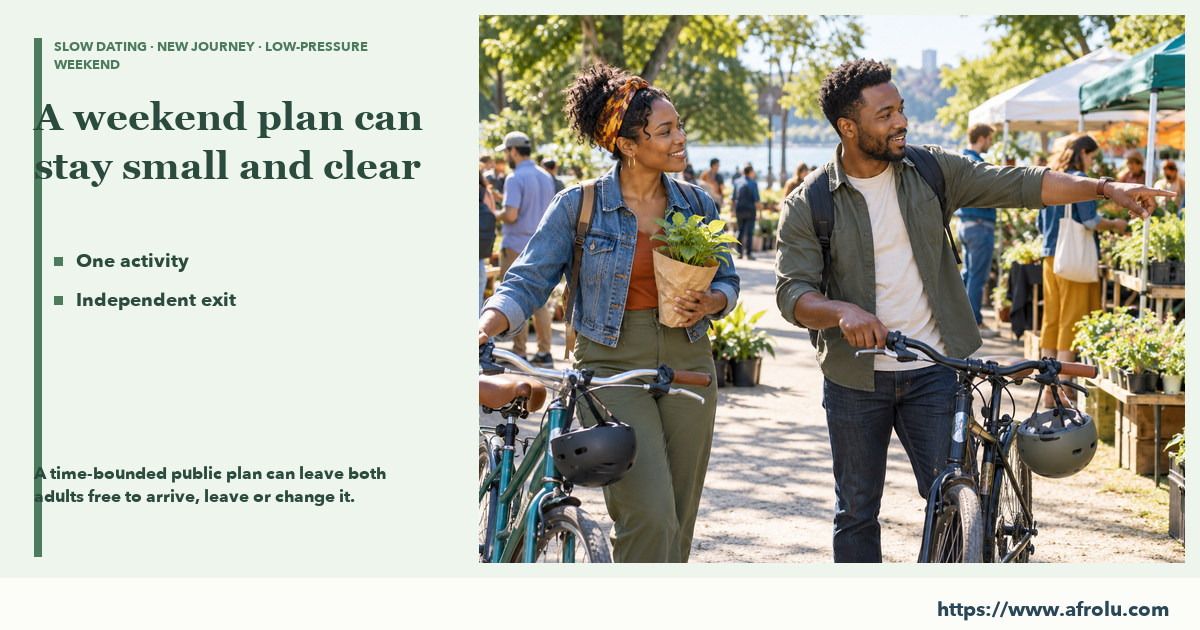 Two adults pause beside separate bicycles at a public plant market.