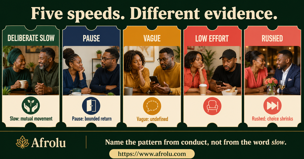 Comparison of deliberate slow dating, a temporary pause, vague dating, low effort and rushed access