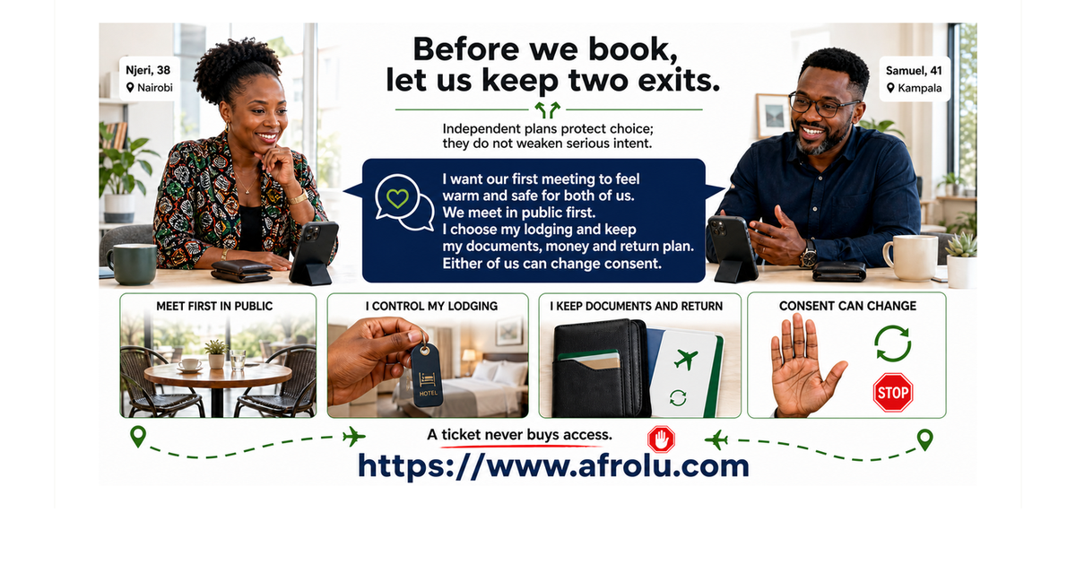 Adult long-distance first-visit script covering public meeting, separate lodging, consent and return travel.