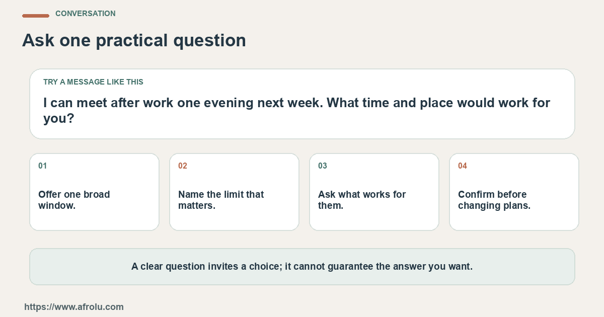 A sample message and four practical conversation prompts for an adult parent balancing career responsibilities and a new dating connection.