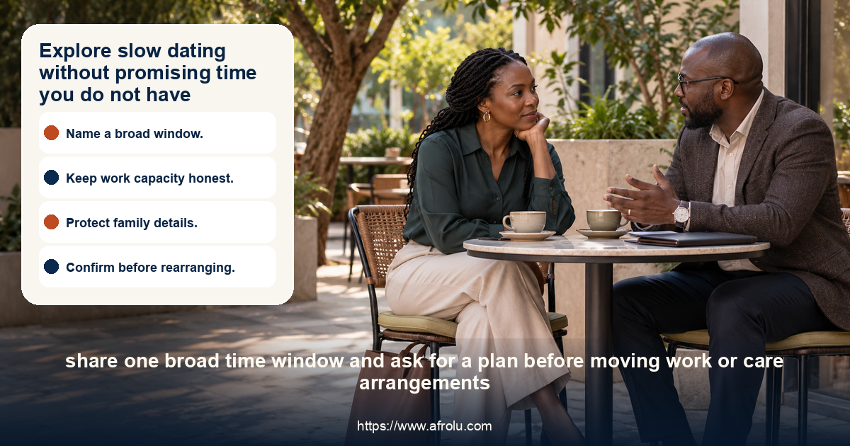 Two clearly adult Black Kenyan people speak across a small café table in a shaded Nairobi courtyard, with a closed work tote nearby.