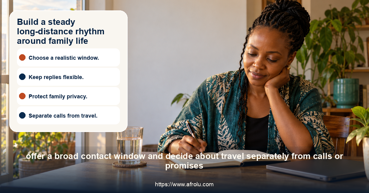 An adult Black Kenyan woman writes broad availability in an unmarked notebook beside a closed laptop after a planned call.