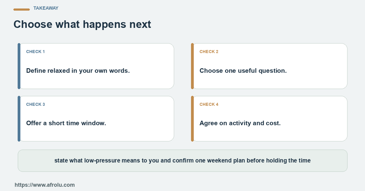 Four practical choices for an adult parent who wants a relaxed weekend date without implying unlimited availability or unclear terms: name the question, set a limit, notice the answer and choose again.