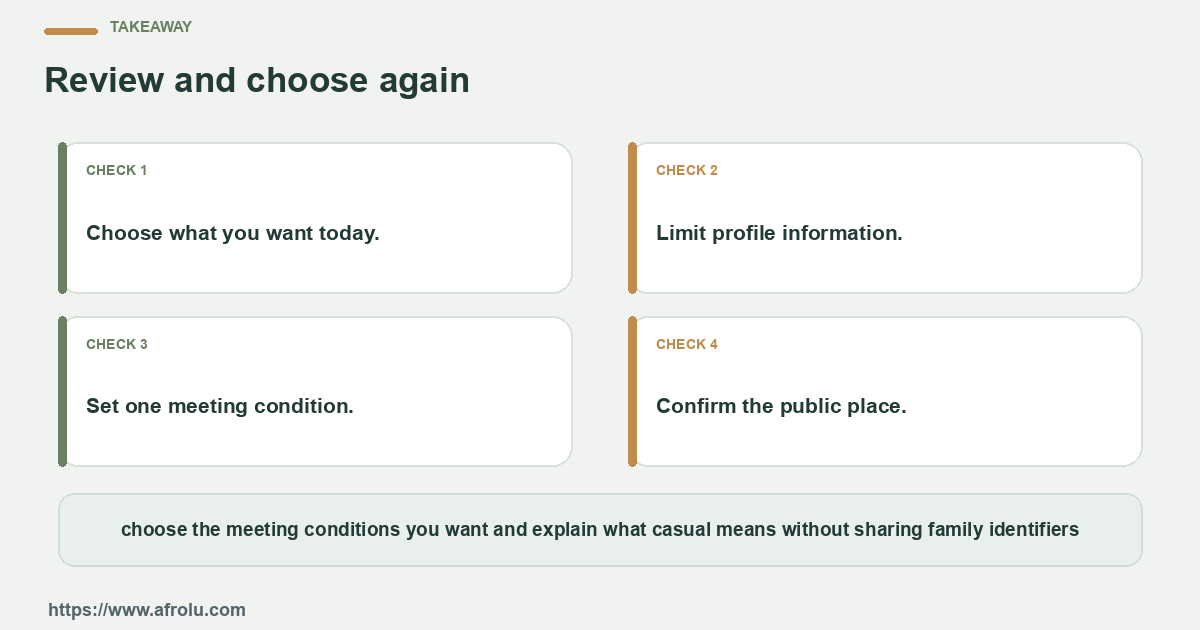 Four practical choices for an adult parent who wants casual dating to be clear while protecting family privacy and personal boundaries: name the question, set a limit, notice the answer and choose again.