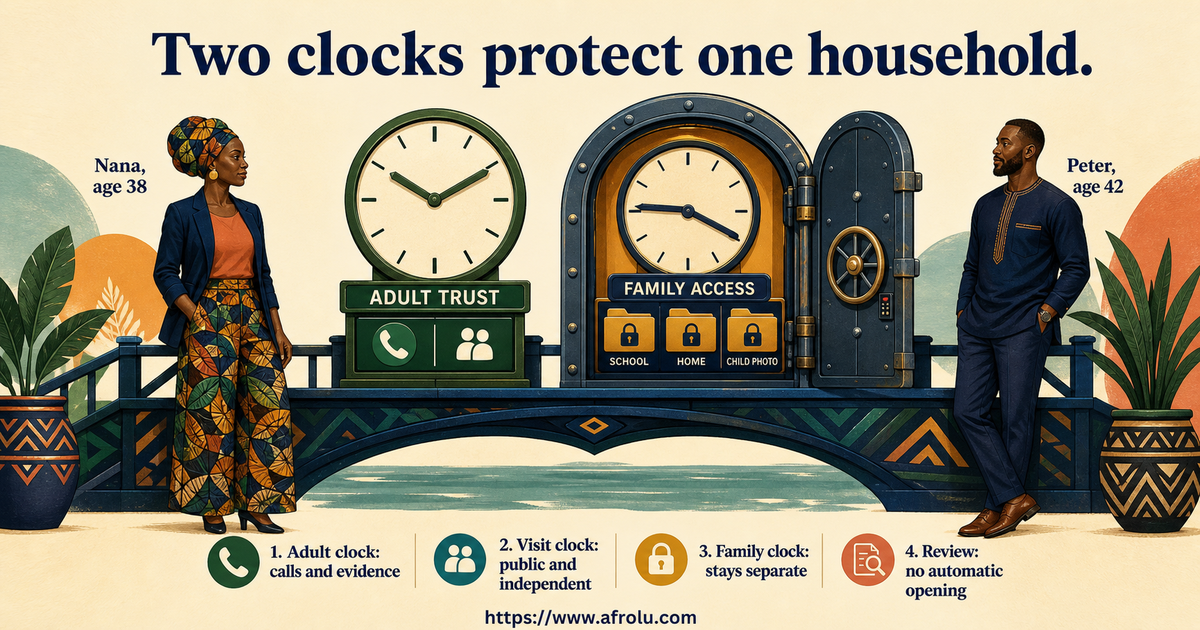 Nana age 38 and Peter age 42 using separate adult-trust and family-access clocks for slow long-distance dating