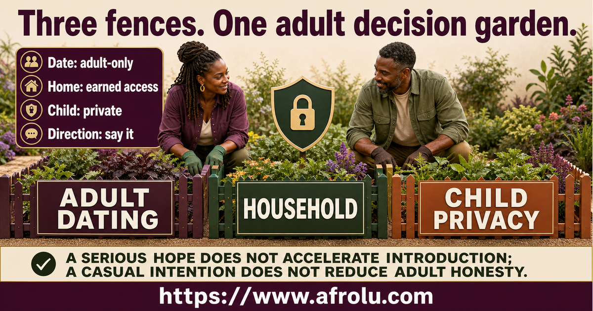 Fictional adult parent Nala age 38 and adult date Joseph age 41 beside three protected fences for the adult relationship household and child privacy