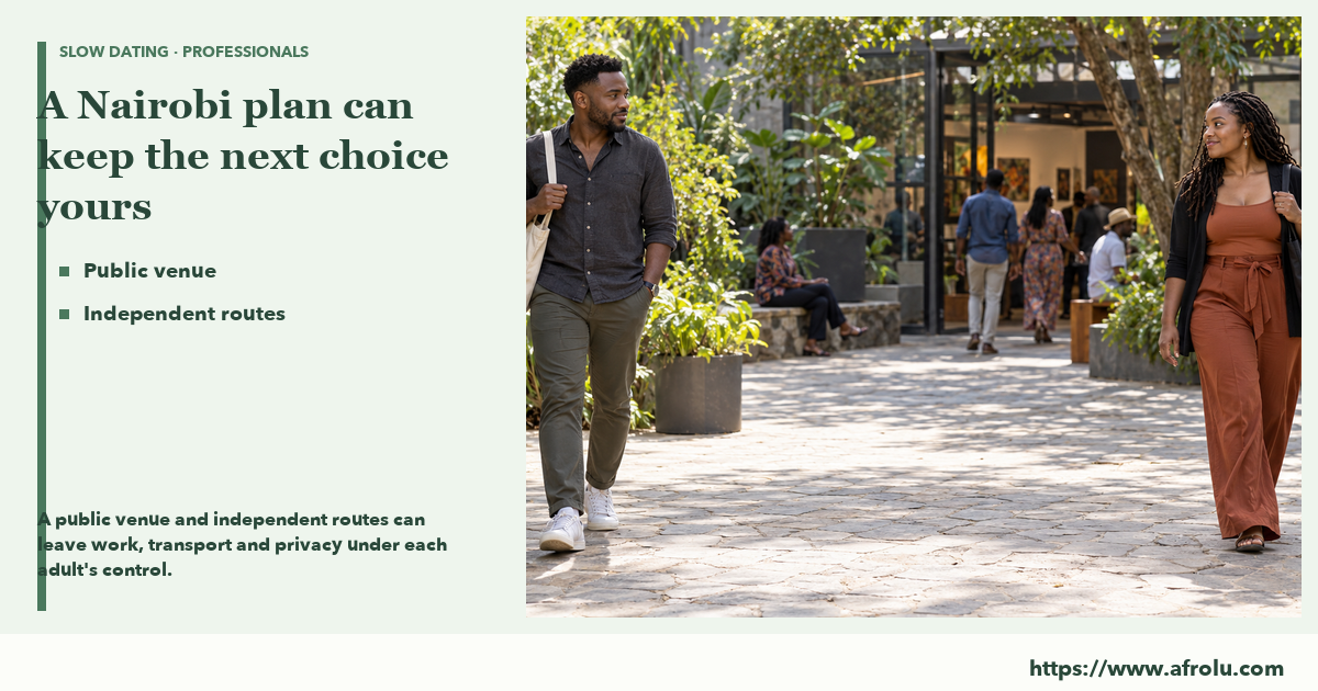 Two adults approach each other across a leafy public arts-centre courtyard, each carrying a bag.