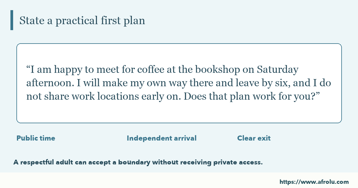 Large-type optional conversation example: I am happy to meet for coffee at the bookshop on Saturday afternoon. I will make my own way there and leave by six, and I do not share work locations early on. Does that plan work for you?