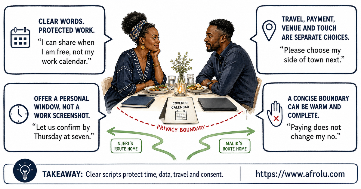 Two adult professionals using short scripts for a confirm-by time, private work calendar, fair travel, and a consent boundary