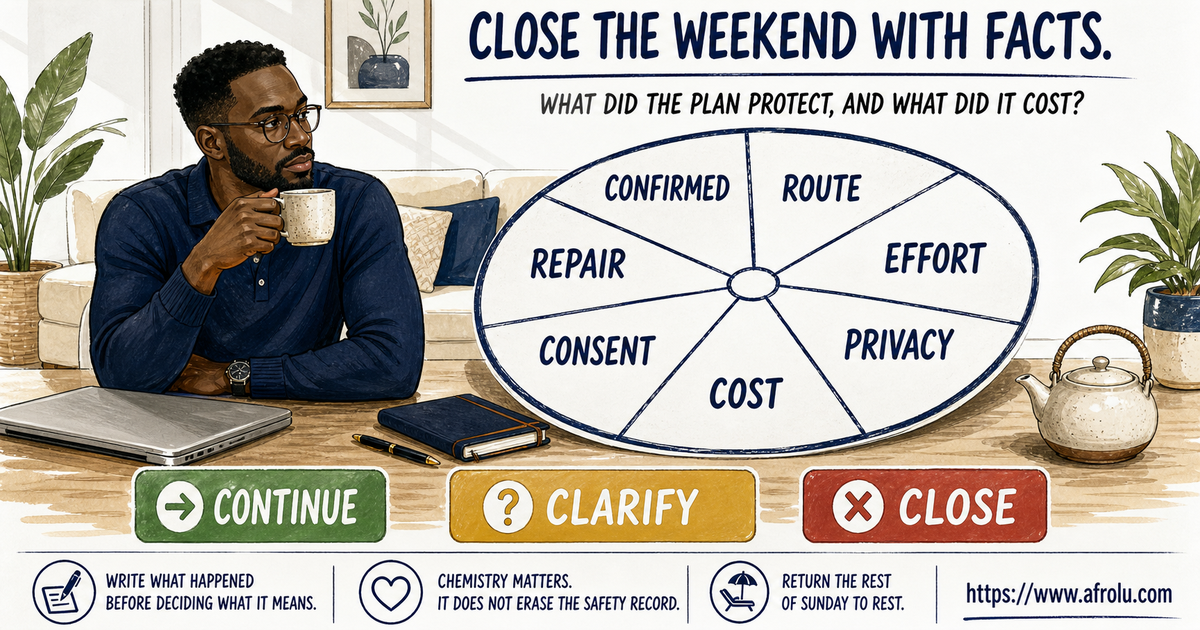 Sunday review checklist for professional weekend daters covering the plan, route home, fair effort, privacy, money, consent, and next step