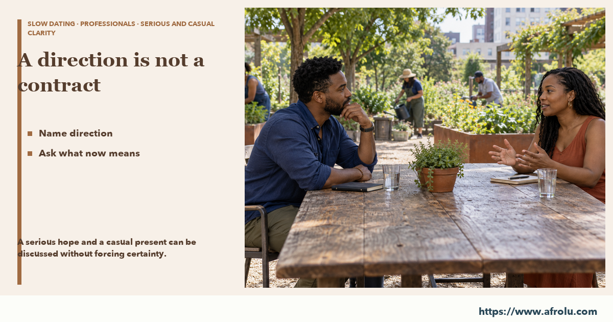 Two adults talk across a garden table with separate notebooks and glasses of water.