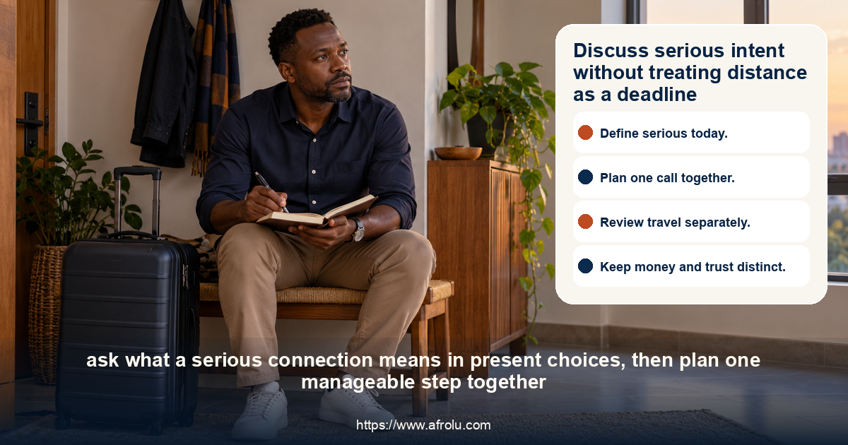 An adult Kenyan professional sits beside a closed carry-on in a modest home entryway, pausing to consider a long-distance relationship decision before any trip is planned.