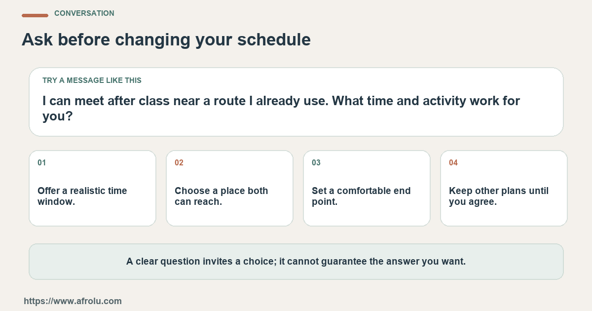 A sample message and four practical conversation prompts for an adult student in Nairobi turning interest into a clear, manageable date plan.