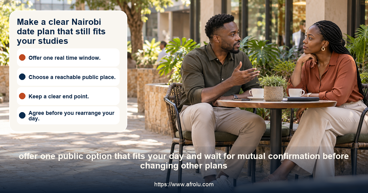 Two clearly adult Black Kenyan people talk in a shaded campus-adjacent Nairobi café courtyard with open space around their table.