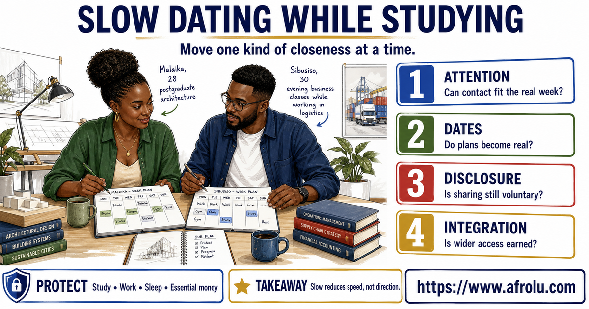 Malaika and Sibusiso, adult students aged 28 and 30, plan attention, dates, disclosure, and integration while protecting study, work, sleep, and essential money.