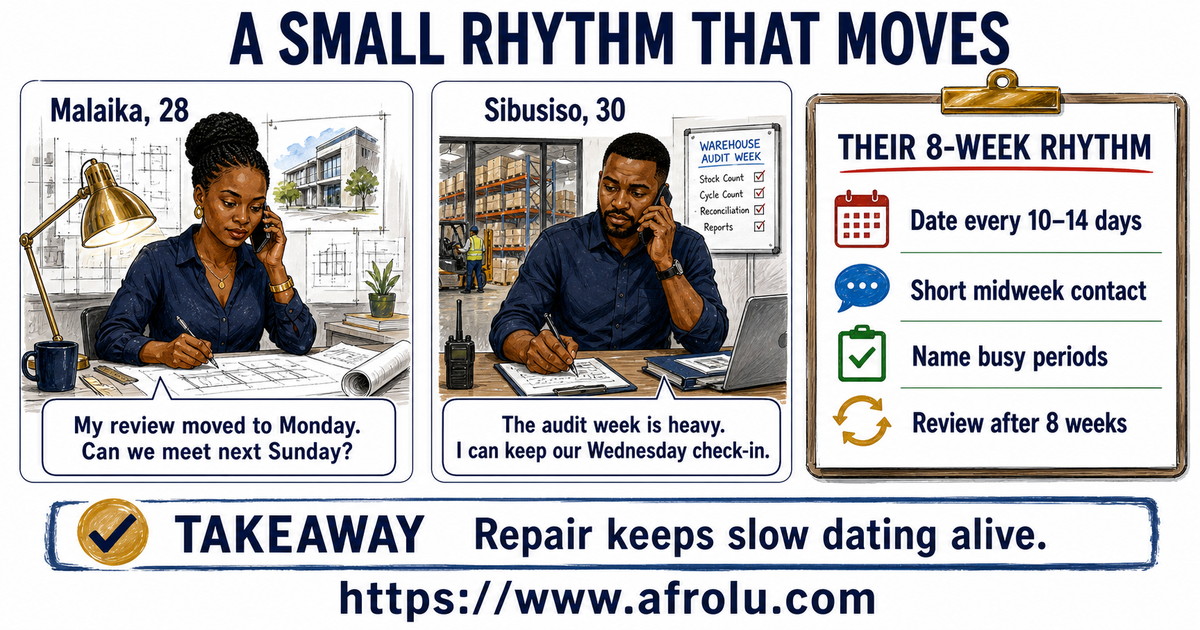 Malaika moves a date for an adult postgraduate review, Sibusiso names a warehouse audit week, and both keep a shared eight-week rhythm with visible repair.