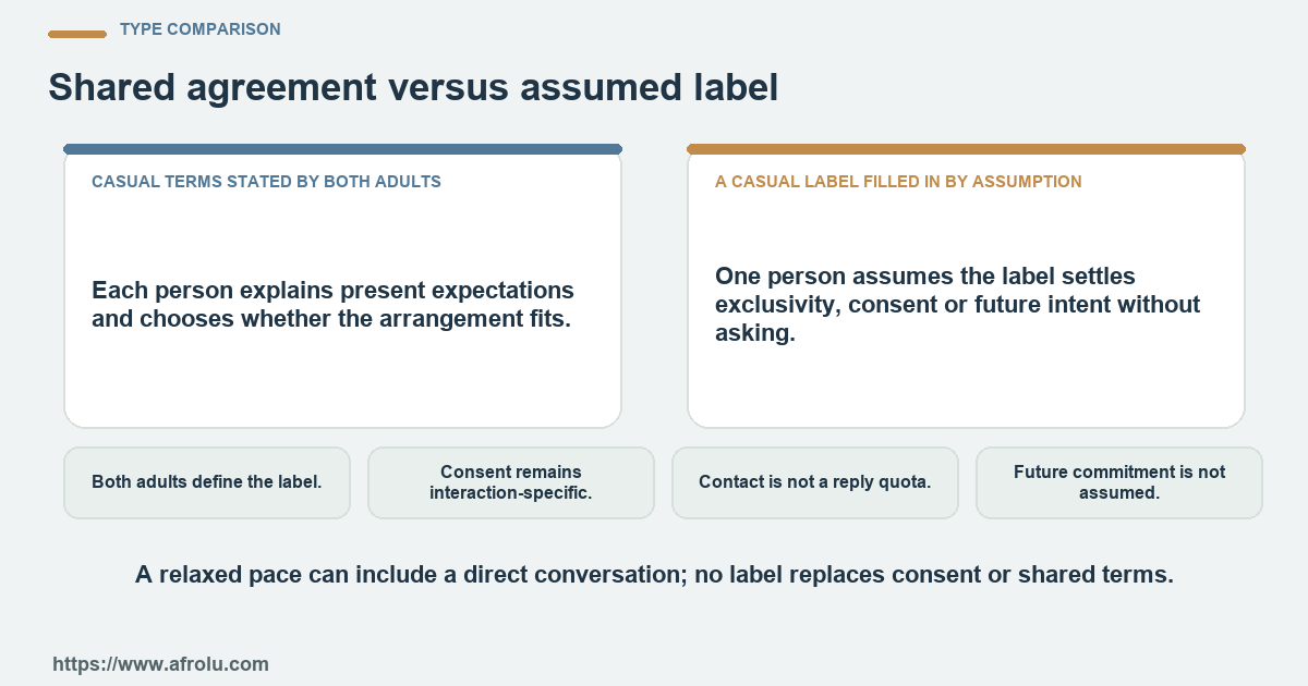 Comparison between casual terms stated by both adults and a casual label filled in by assumption using four practical checks.