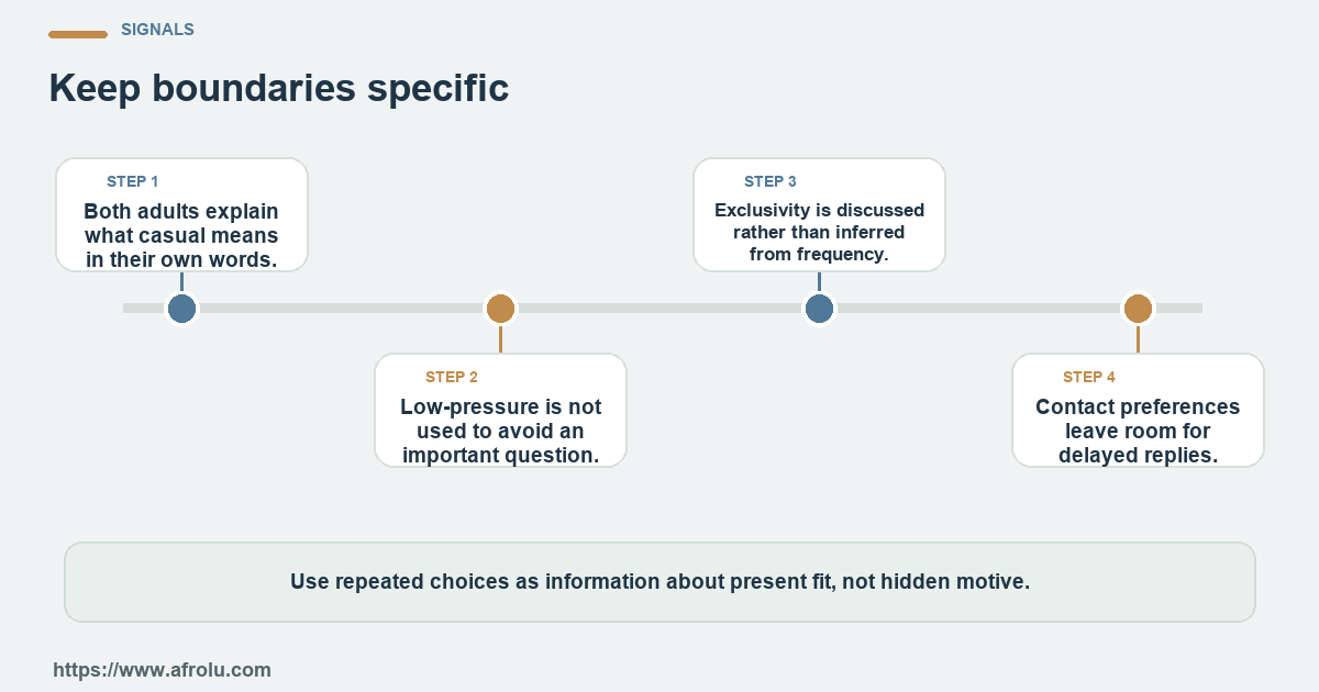 Four observable checks for an adult student who wants casual dating to feel relaxed while keeping its current terms understandable: clear details, mutual planning, respectful changes and room to choose.