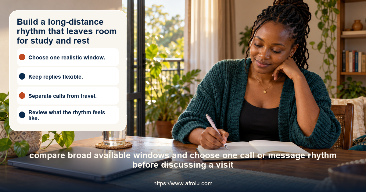 An adult Black Kenyan woman writes in a blank notebook beside a closed laptop after a planned long-distance call.
