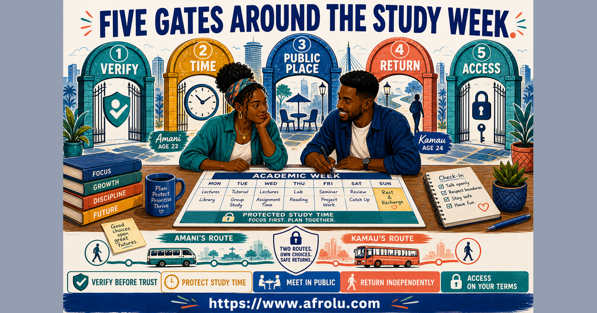 Fictional Nairobi university students Amani age 22 and Kamau age 24 planning slow dating through five safety gates