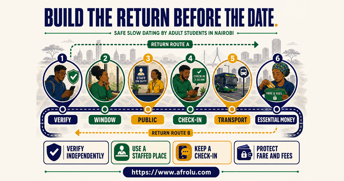 Six-stop independent Nairobi student date plan covering verification time public place check-in transport and essential money