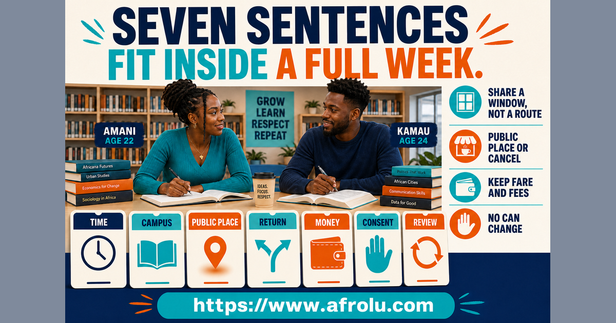 Seven oversized sentence cards for study time campus privacy public venue transport money consent and review in Nairobi student dating
