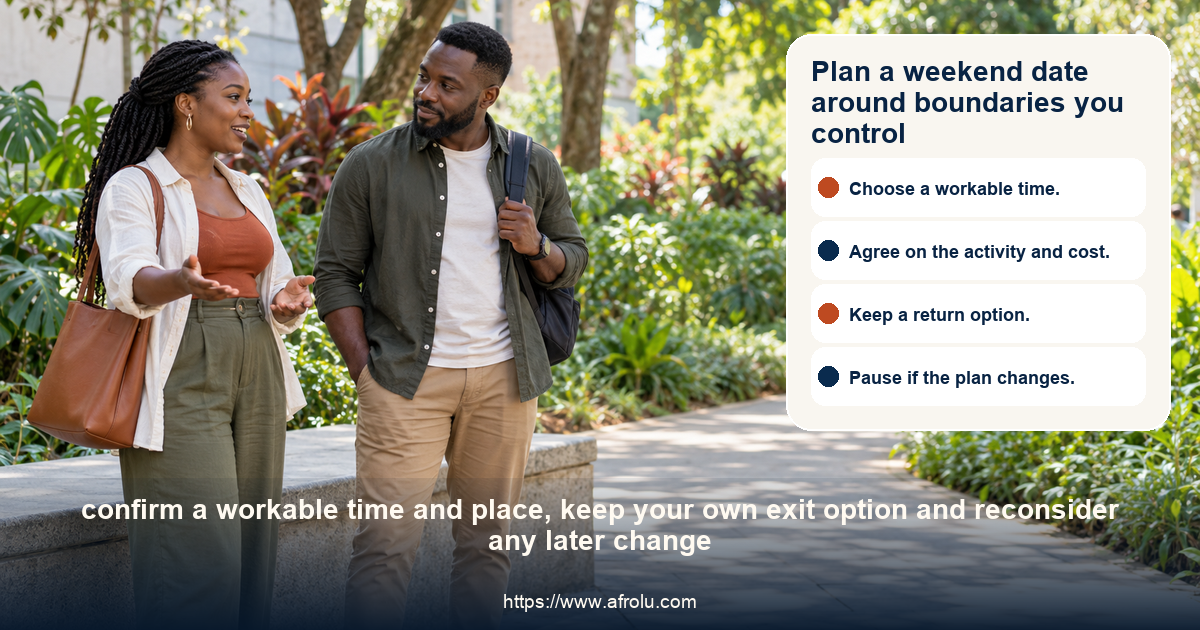 Two clearly adult Black Kenyan people discuss a weekend meeting beside an open public garden path in daylight.