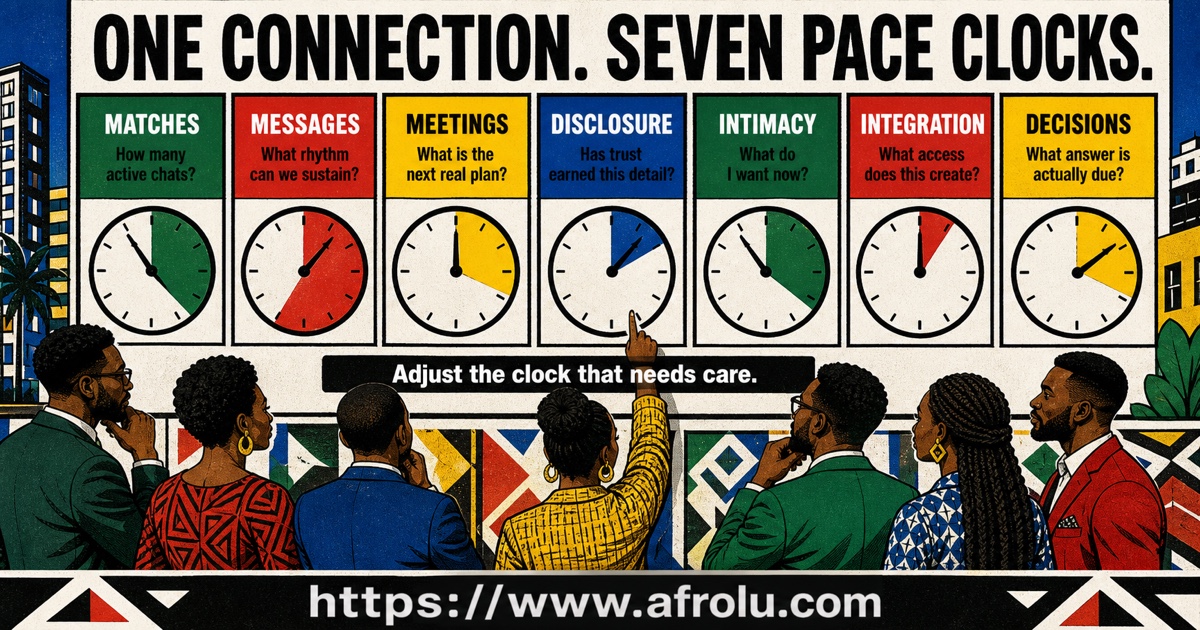 Seven slow dating pace clocks for match volume, messages, meetings, disclosure, intimacy, life integration, and decisions