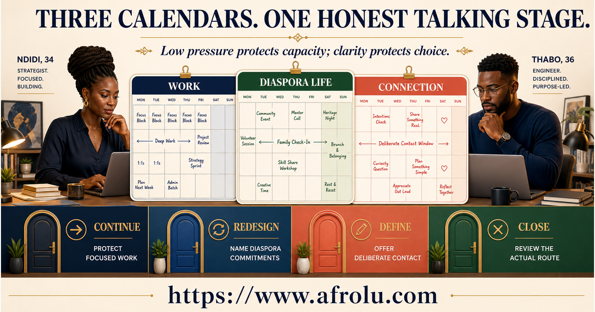Ndidi and Thabo balancing work diaspora life and connection calendars during a low-pressure talking stage