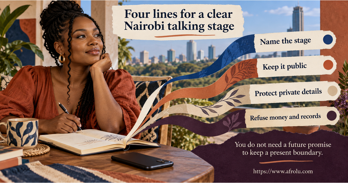 Four large plain-language scripts for naming a talking stage, keeping a Nairobi meeting public, protecting accommodation details and refusing money or document requests