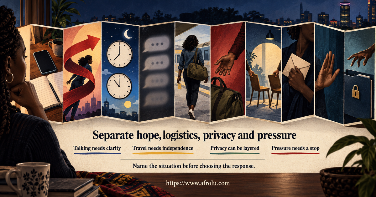 Nine-panel comparison of a talking stage, future pressure, a time-zone delay, repeated vagueness, independent visit, dependent trip, public-plan change, privacy request and access demand