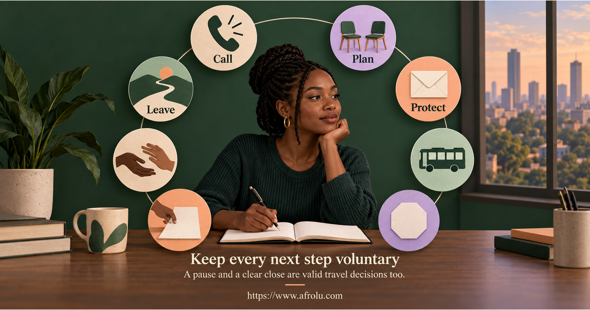 Eight equal-choice board for planning a call, confirming a public meeting, protecting accommodation privacy, arranging independent transport, pausing travel, reporting pressure, seeking support or ending contact