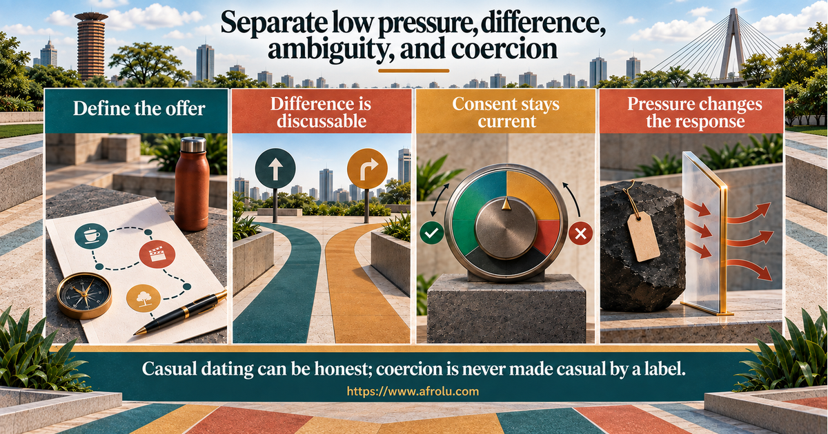 Nine-panel comparison of a clear casual agreement, busy week, honest mismatch, values difference, public date, current consent, private data request, gift obligation and safety-focused exit